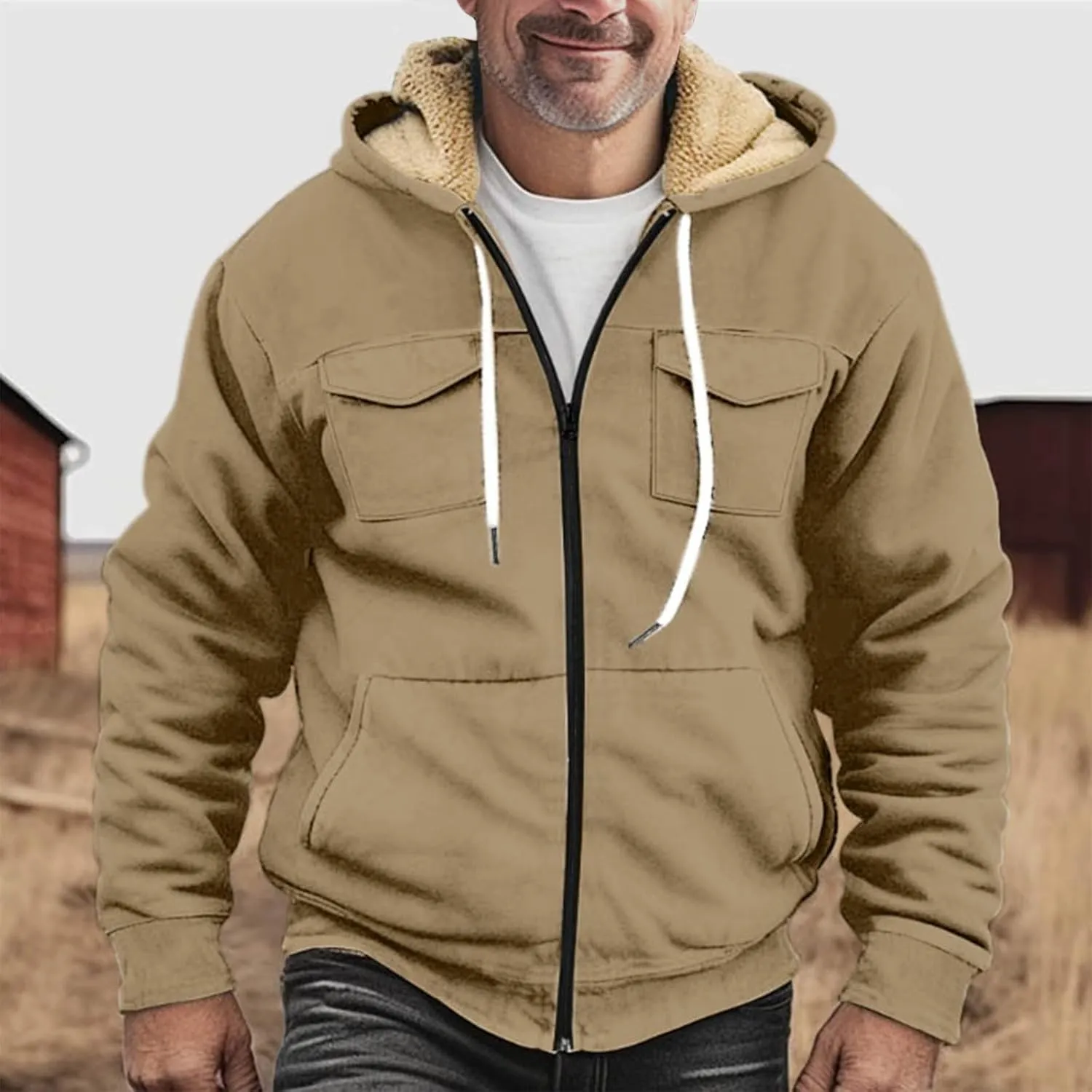 RTRDE Mens Fuzzy Jacket Casual Solid Color Sherpa Fleece Lined Hoodie Jackets Winter Warm Work Coats Jacket, S-5XL