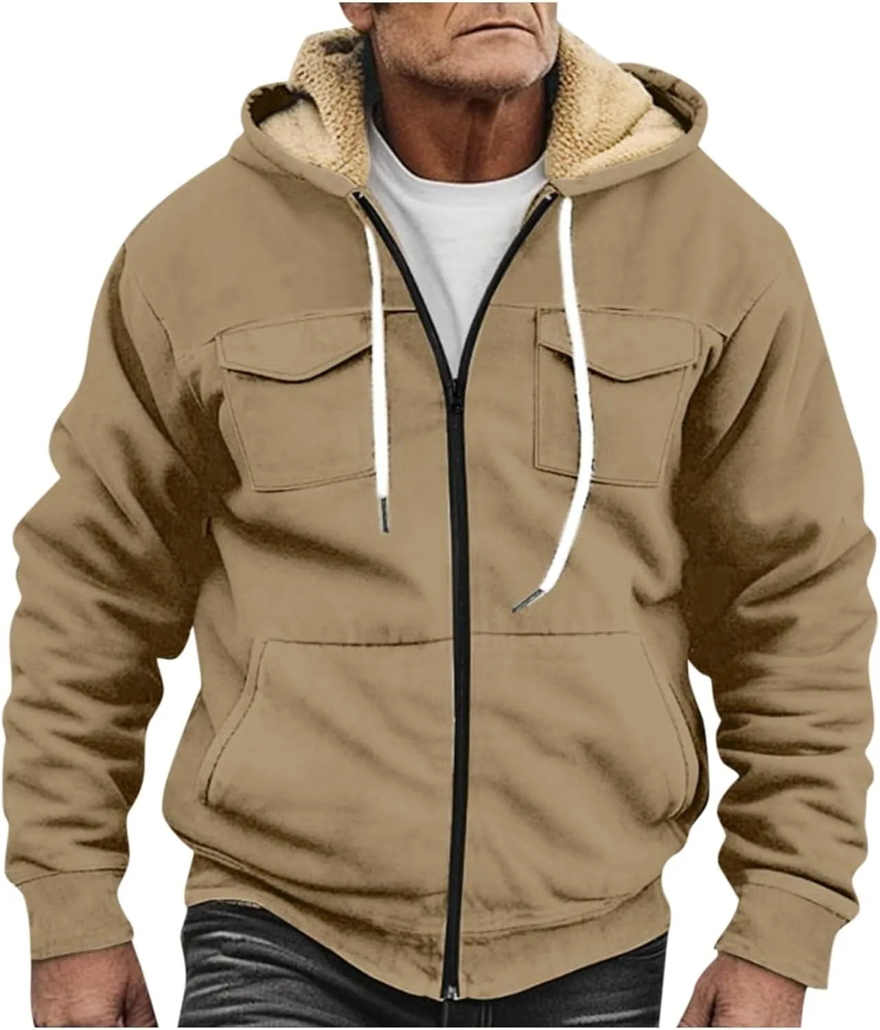 RTRDE Mens Fuzzy Jacket Casual Solid Color Sherpa Fleece Lined Hoodie Jackets Winter Warm Work Coats Jacket, S-5XL