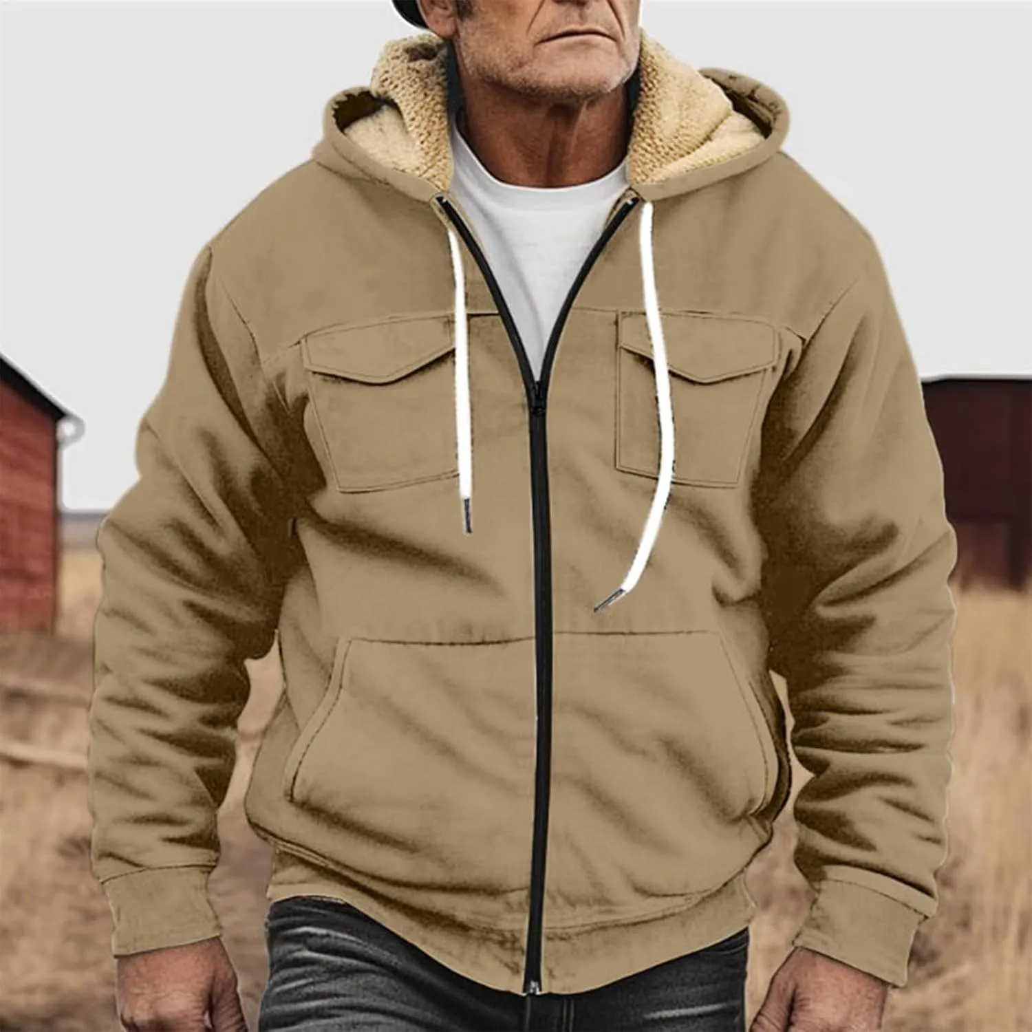 RTRDE Mens Fuzzy Jacket Casual Solid Color Sherpa Fleece Lined Hoodie Jackets Winter Warm Work Coats Jacket, S-5XL