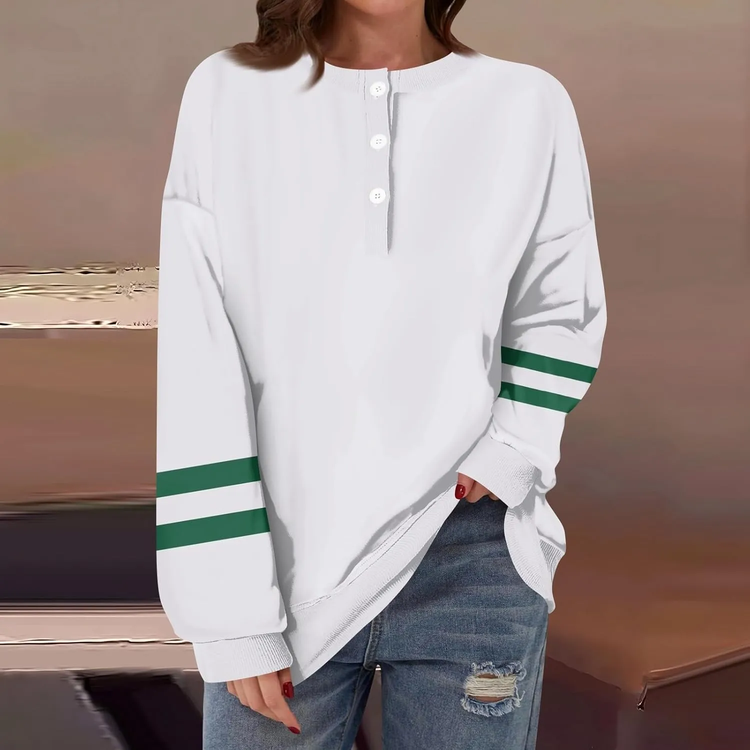 slqdgmryz Long Sleeve Tops for Women Spring Striped Color Block Henley Shirts Casual Crewneck Comfy Button Down Blouses