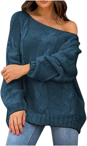 SMIDOW Womens Loose Knit Off Shoulder Sweater Comfortable Round Neck Fashion Pullover Sweater Fall Winter Clothing