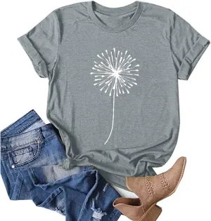 Summer Tops for Women 2025 Cute Floral Graphic Tees Crewneck Short Sleeve Shirts Dandelion Print Teen Girls Cotton Tshirts