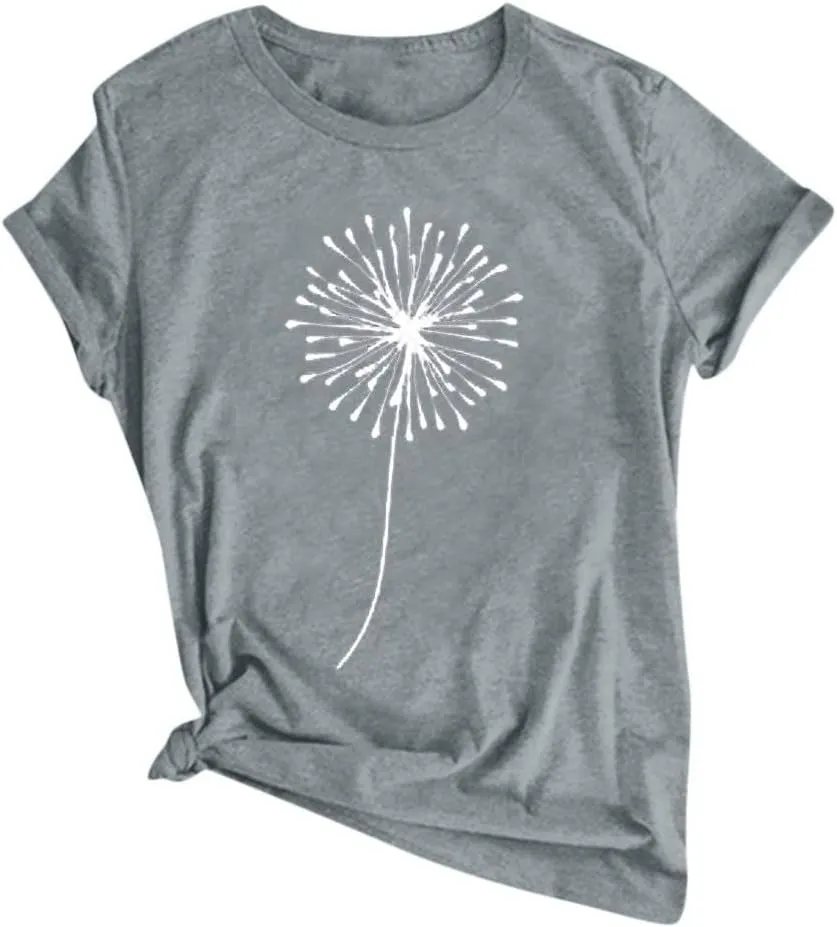 Summer Tops for Women 2025 Cute Floral Graphic Tees Crewneck Short Sleeve Shirts Dandelion Print Teen Girls Cotton Tshirts