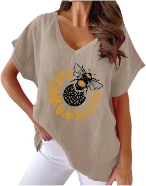 Summer Womens Cotton Linen T-Shirt Casual Sunflower Bees Printed Tops Short Sleeve V-Neck Shirts Comfy Loose Blouse