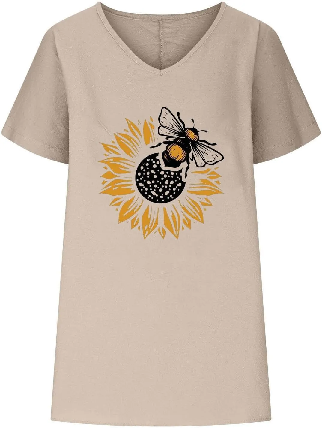 Summer Womens Cotton Linen T-Shirt Casual Sunflower Bees Printed Tops Short Sleeve V-Neck Shirts Comfy Loose Blouse