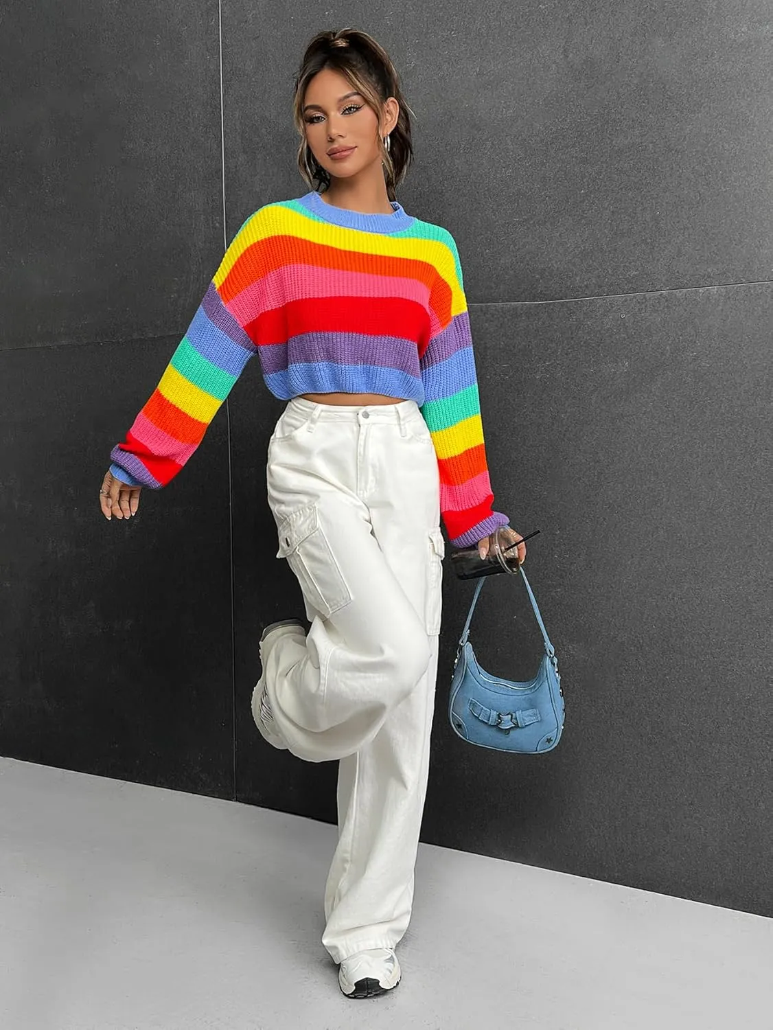 Verdusa Women's Striped Rainbow Cropped Sweater Long Sleeve Lightweight Cute Knit Tops Pullovers