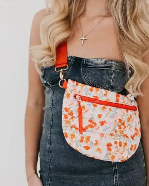 White and Orange Floral Soft Puffer Belt Bag