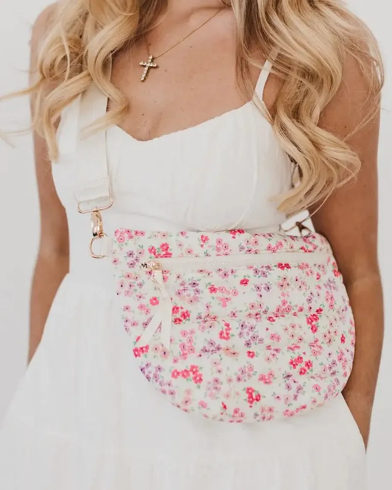 White Multi-Color Floral Soft Puffer Belt Bag