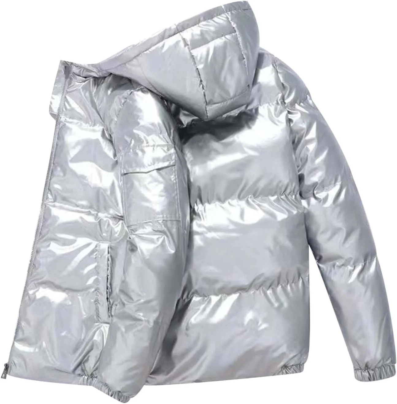 Winter Puffer Jacket for Men with Hood Full Zip Light Weight Down Jackets Trendy Glossy Long Sleeve Padded Warm Coats Tops