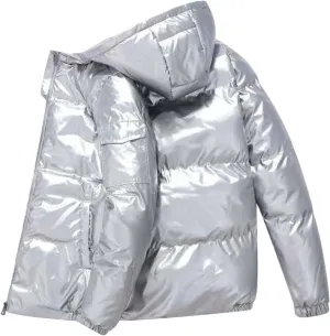 Winter Puffer Jacket for Men with Hood Full Zip Light Weight Down Jackets Trendy Glossy Long Sleeve Padded Warm Coats Tops