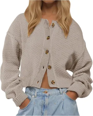 Women Cropped Cardigan Crewneck Button Front Drop Shoulder Baggy Solid Knit Cardigan Sweaters Soft Fall Sweaters