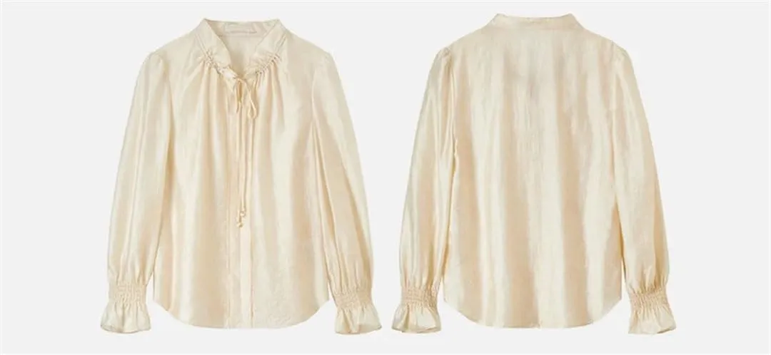 Women Lace-Up Ruffled Collar Blouses Petal Sleeve Loose Solid Pullovers Shirt Thin Shirts