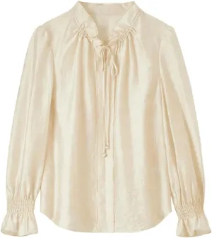 Women Lace-Up Ruffled Collar Blouses Petal Sleeve Loose Solid Pullovers Shirt Thin Shirts