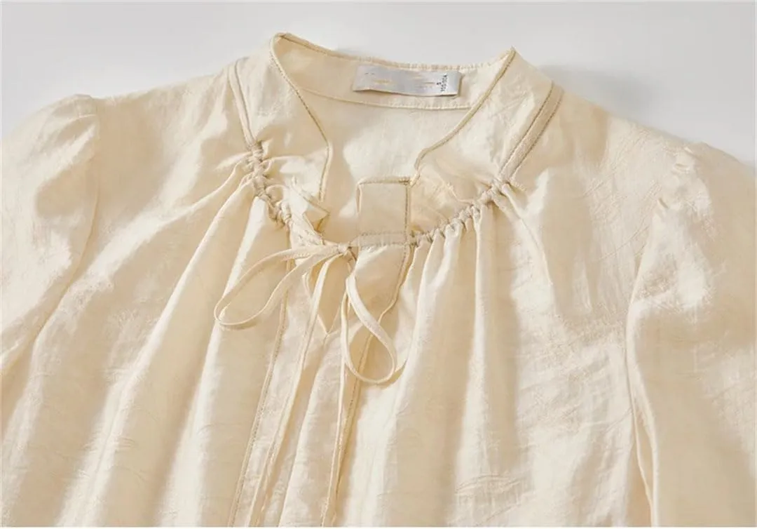 Women Lace-Up Ruffled Collar Blouses Petal Sleeve Loose Solid Pullovers Shirt Thin Shirts