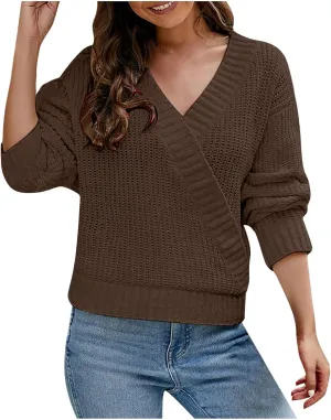 Women's 2024 Fall Sweaters Casual Long Sleeve Knit Pullover Loose Wrap V Neck Lightweight Crochet Sweater Shirt Tops