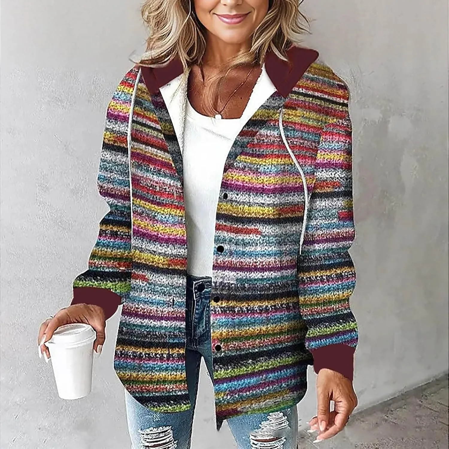 Womens Fashion Winter Coats Fuzzy Fleece Lined Button Down Warm Hooded Jackets Color Block Sherpa Thick Coats