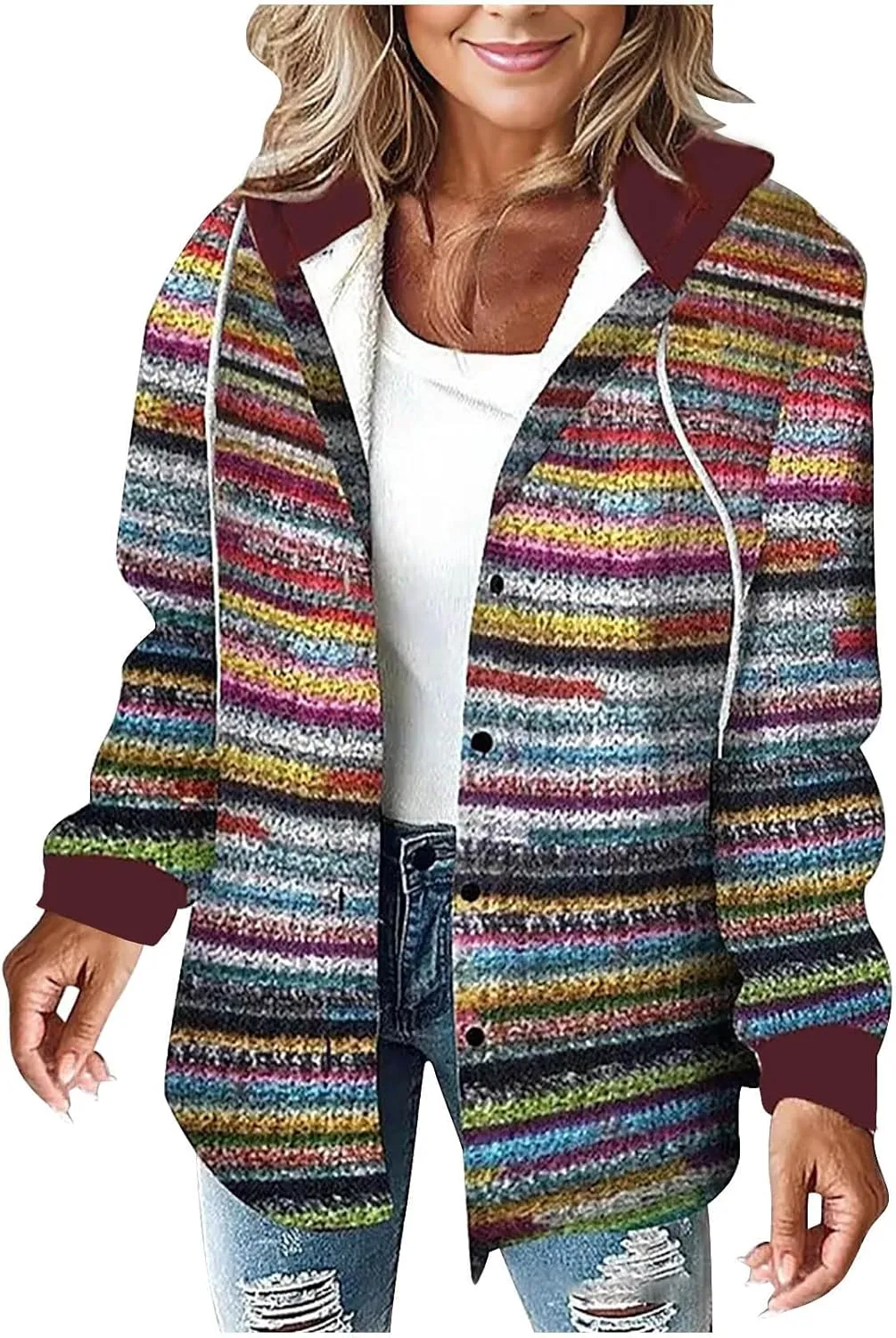 Womens Fashion Winter Coats Fuzzy Fleece Lined Button Down Warm Hooded Jackets Color Block Sherpa Thick Coats