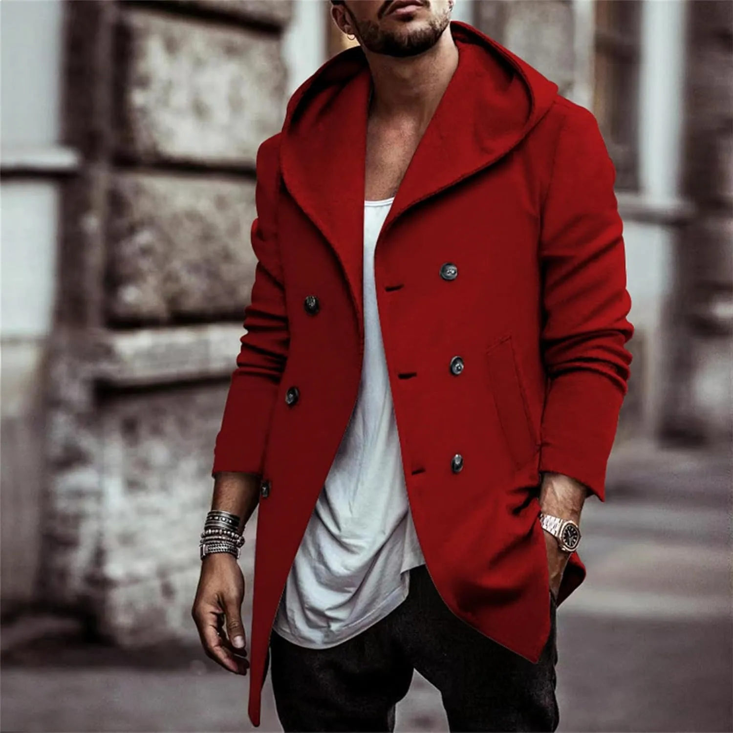 ZYXTIM Mens Hooded Trench Coat Double Breasted Loose Vintage Winter Jackets Big and Tall Shawl Collar Drape Cape Overcoat